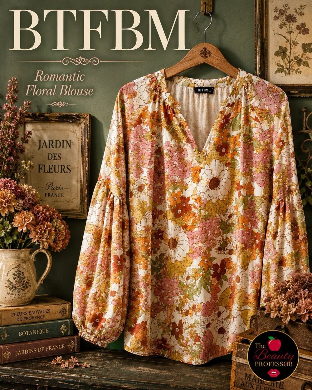 💞 BTFBM XL Floral Blouse Boho Balloon Sleeve V Neck Lined Romantic Retro